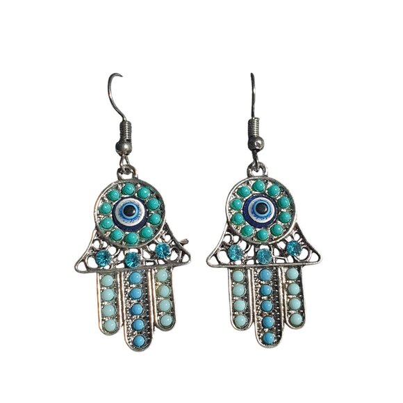 Hamsa Evil Eye Dangle Earrings Artisan Craft Metal Lightweight Spiritual Gift - Picture 2 of 4